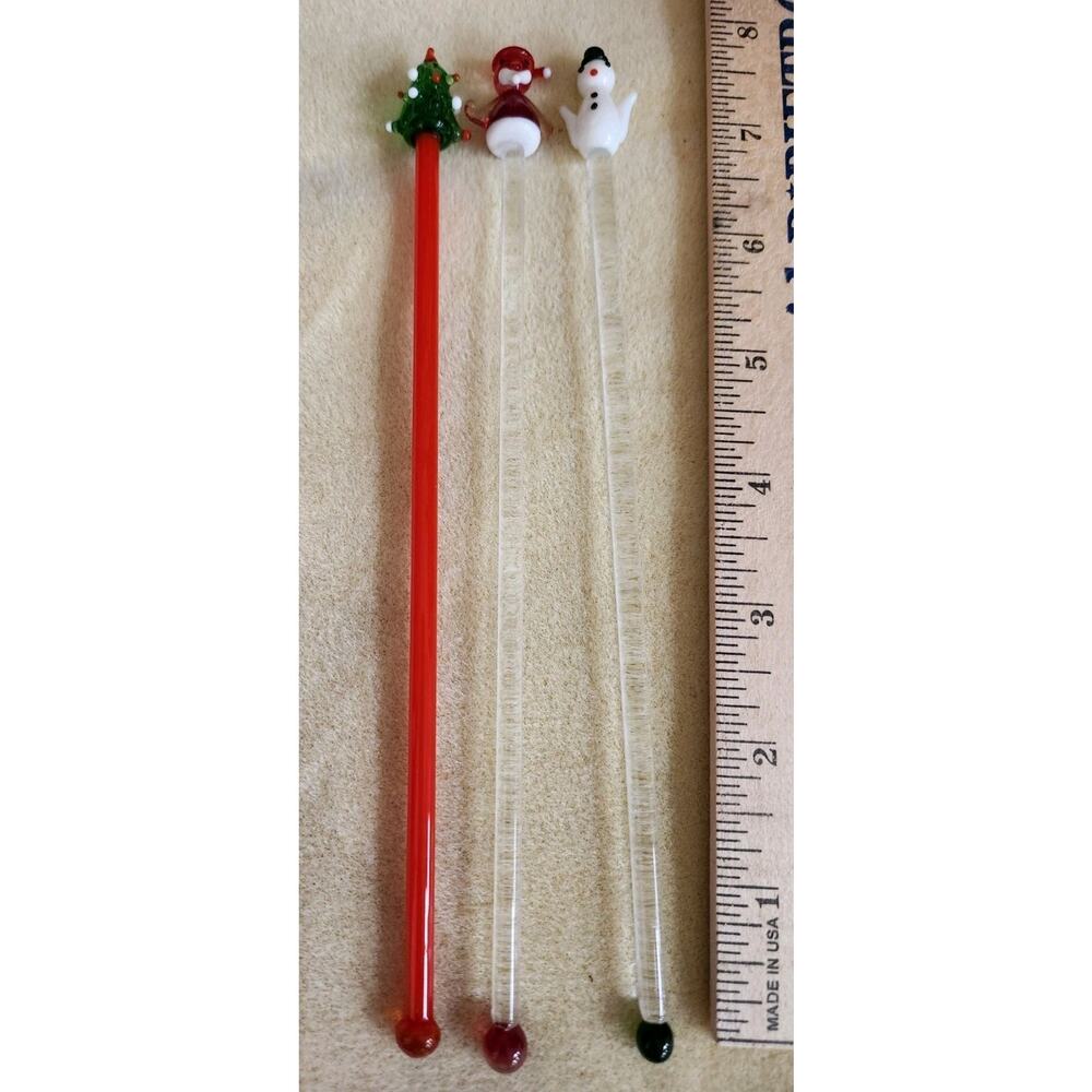 Three Vintage Christmas Glass Stir Sticks Swizzles Barware